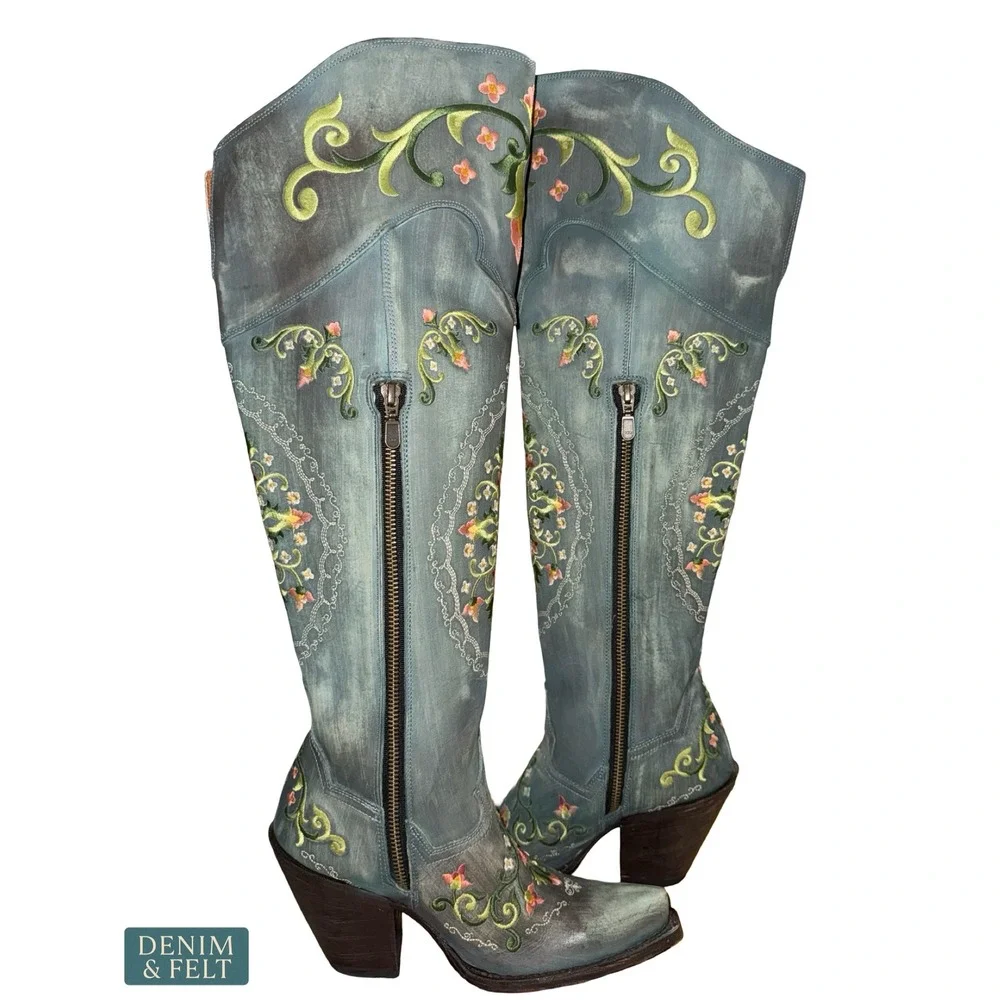 NEW‎ Dan Post Flower Child Turquoise Embroidered Knee High Western Boots 6.5 - Picture 7 of 16